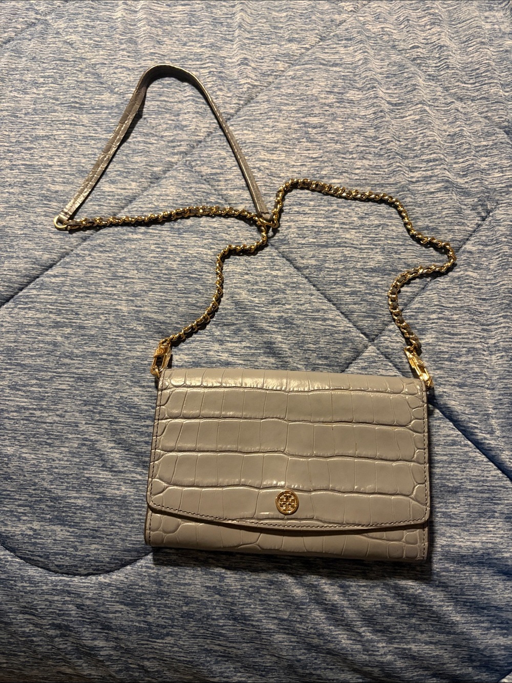 Tory Burch Gray Croc-Embossed Chain Crossbody with Gold Hardware